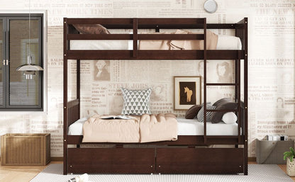 Twin Over Twin Rubber Wood Bunk Bed with 2 Drawers, Convertible into 2 Twin Beds, Twin Size Bunk Bed with Ladder and Safety Guardrails New Era Fashion LLc