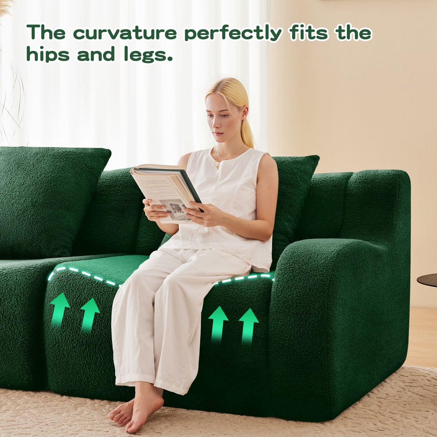 Soft Teddy Fabric Boneless Sofa,No Assembly Required Streamlined Design,Anti-Slip Design 32D High Density Sponge Fits Living Rooms Bedrooms,Green New Era Fashion LLc
