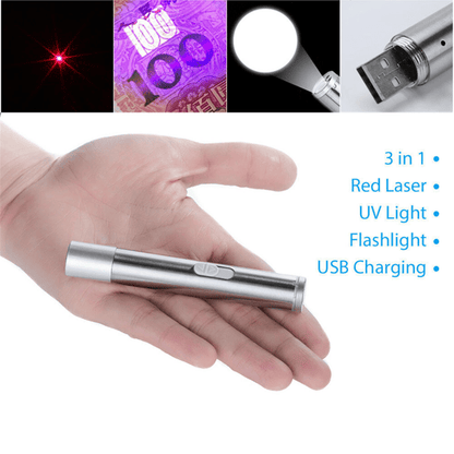 3 in1 1mw USB Rechargeable Pet Toy Pen Flashlight Red laser Beam UV Light 3-Modes Lamp New Era Fashion LLc