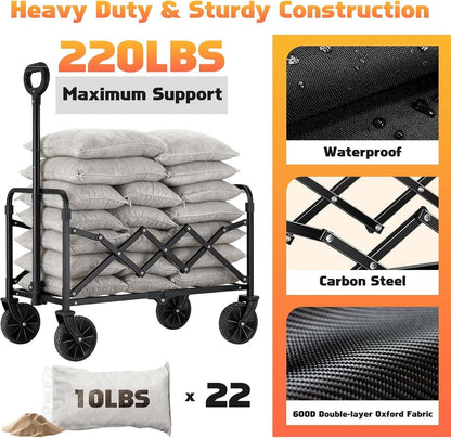 Collapsible Foldable Wagon Cart with Wheels - 220LBS Heavy Duty Folding Wagon Carts, Portable Lightweight Utility Wagon with All-Terrain Wheels & 2 Cup Holders, Grocery/Beach/Sports/Shopping/Black New Era Fashion LLc