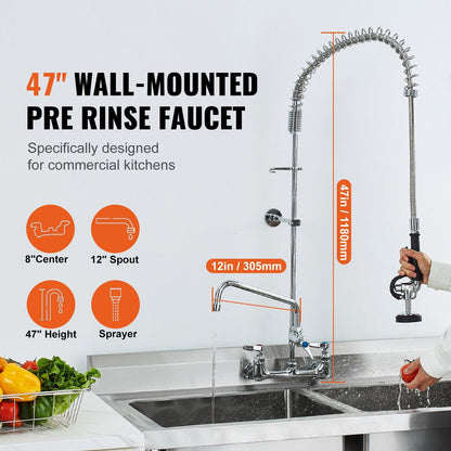 Wall-Mounted Kitchen Faucet, 47" Tall, 8" Apart, with 12" Rotating Spout and Pre-Rinse Spray, Brass Build, Pull-Down Feature for Multi-Compartment Sinks New Era Fashion LLc