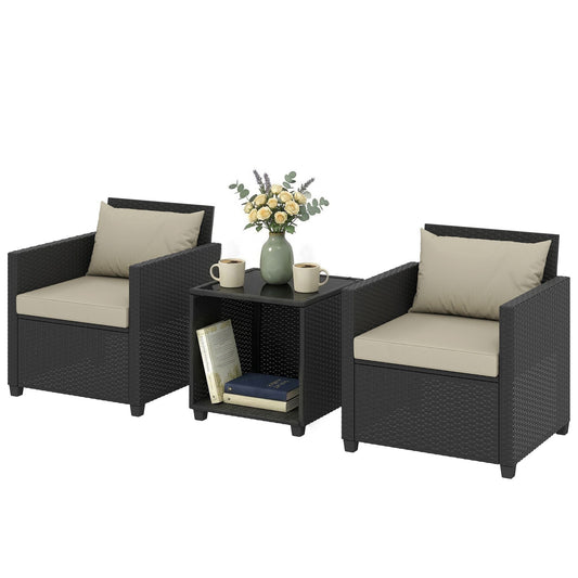 3 Piece Patio Bistro Set, Wicker Furniture Set with Thick Cushions, Glass Coffee Table and Chairs for Garden, Beige New Era Fashion LLc