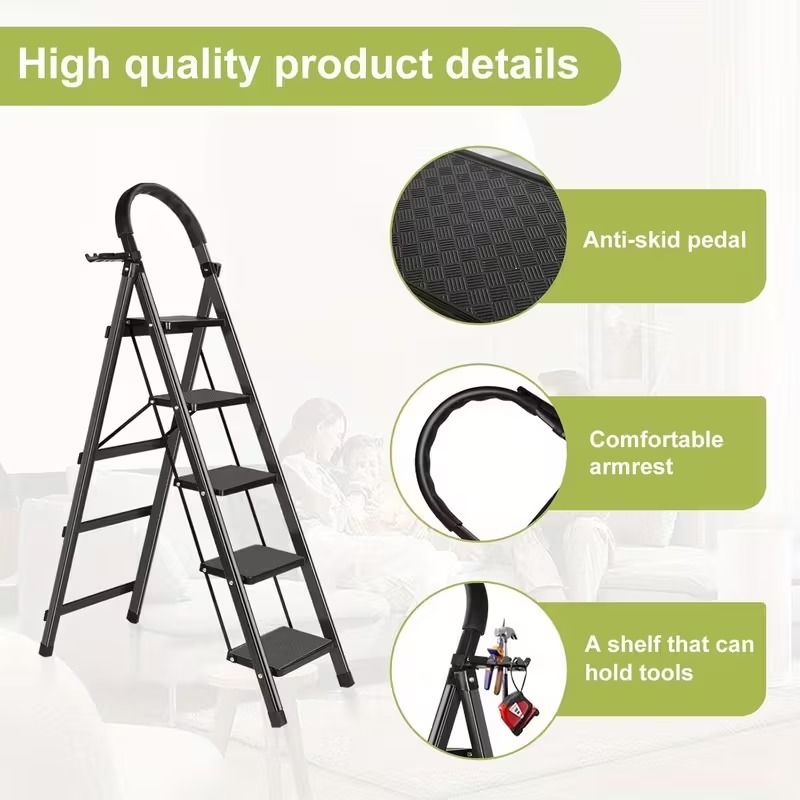 5 Step Ladder with Anti-Slip Pedals, Foldable Steel Step Stool with Tool Tray, 300LBS Capacity Portable Ladder for Home, Kitchen, Library, Office New Era Fashion LLc