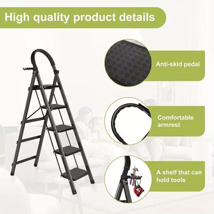5 Step Ladder with Anti-Slip Pedals, Foldable Steel Step Stool with Tool Tray, 300LBS Capacity Portable Ladder for Home, Kitchen, Library, Office New Era Fashion LLc