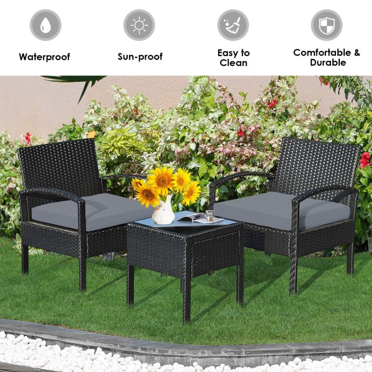 3 Pieces Outdoor Rattan Patio Conversation Set with Seat Cushions New Era Fashion LLc
