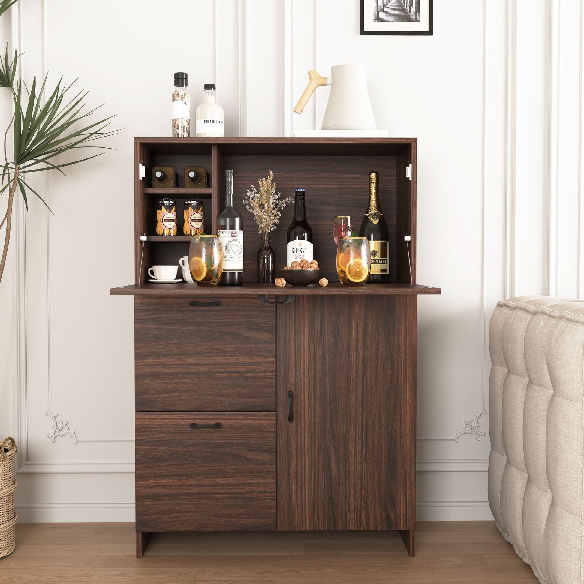 Bar Cabinet with Storage Drawer & Shelves, Fold-up Desktop, Ideal for Home,Dormitory, Small Spaces New Era Fashion LLc