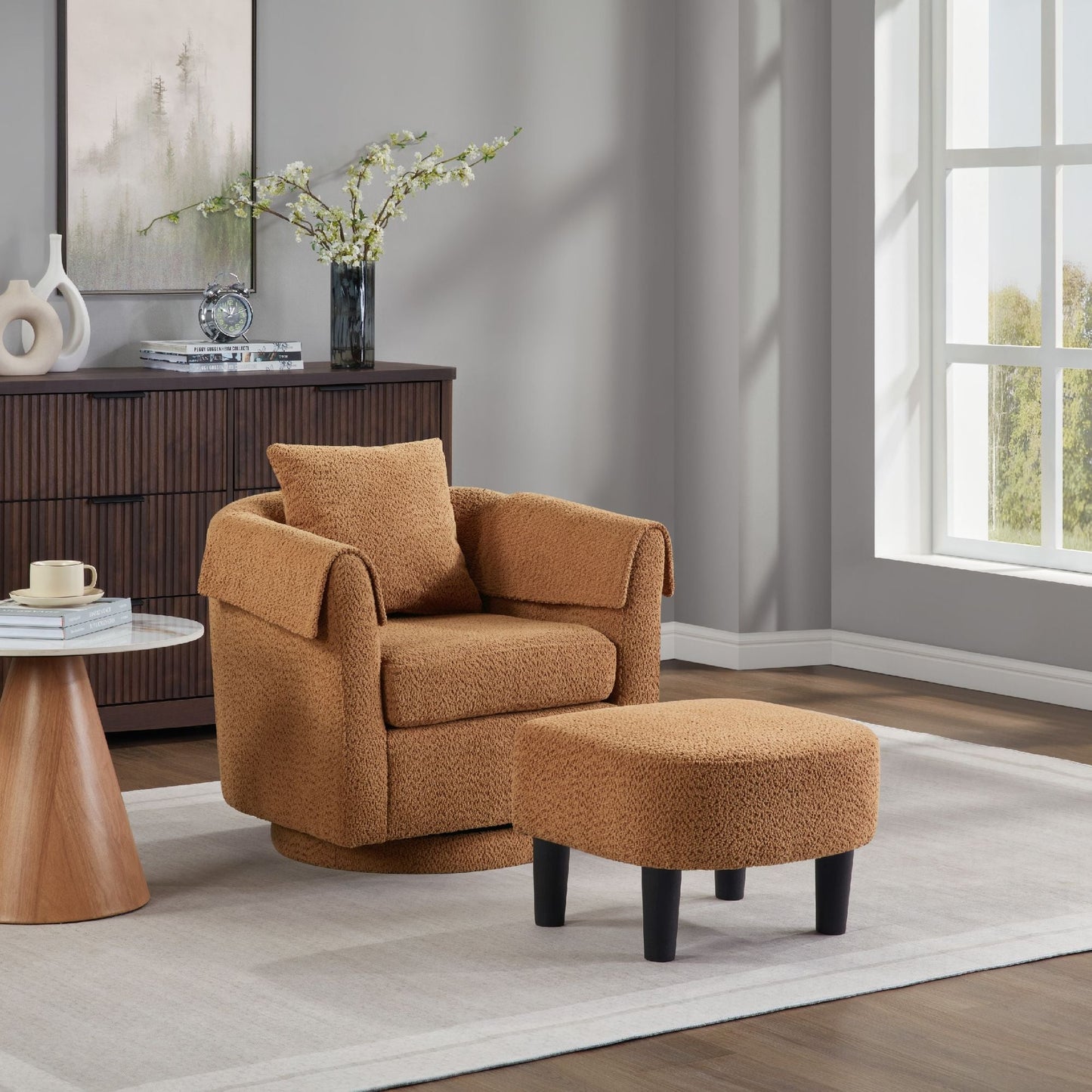 Swivel Accent Chair with Ottoman Set, Modern Chenille Barrel Armchair with Removable Back Pillow & 2 Armrest Covers for Living Room, Bedroom, Office, Yellow New Era Fashion LLc