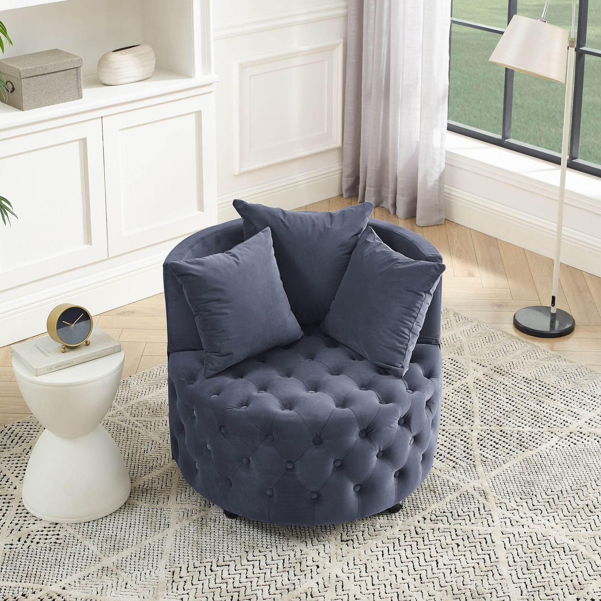 Velvet Upholstered Swivel Chair for Living Room, with Button Tufted Design and Movable Wheels, Including 3 Pillows New Era Fashion LLc