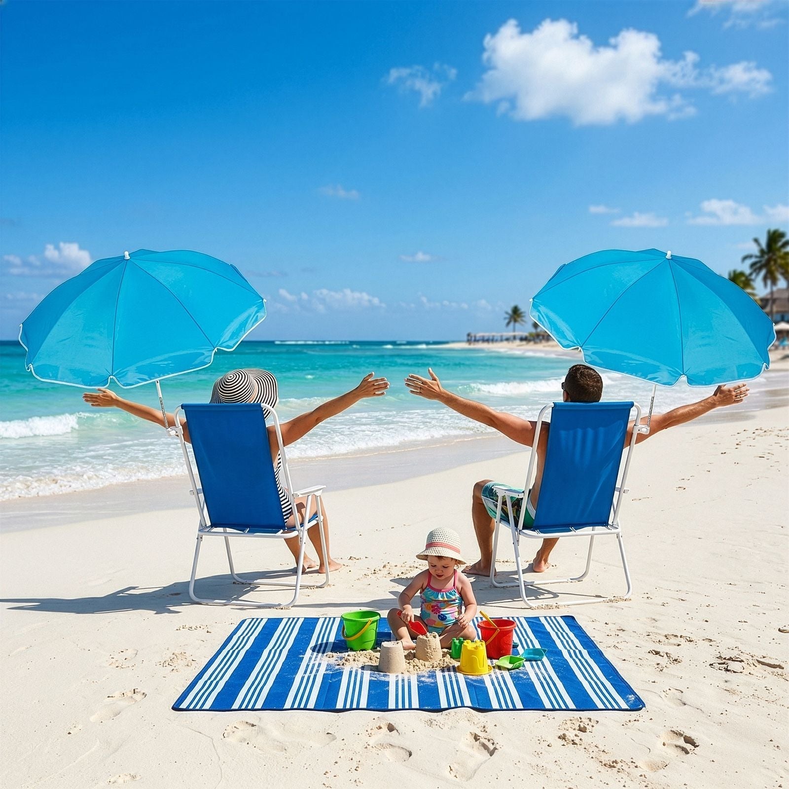 1 Pack Heavy Duty Steel Beach Chair with Umbrella, XL Size 15" Seat Height Royal Blue, Oxford Cloth with Support Bar, Single Position Adjustable, 120kg Load New Era Fashion LLc