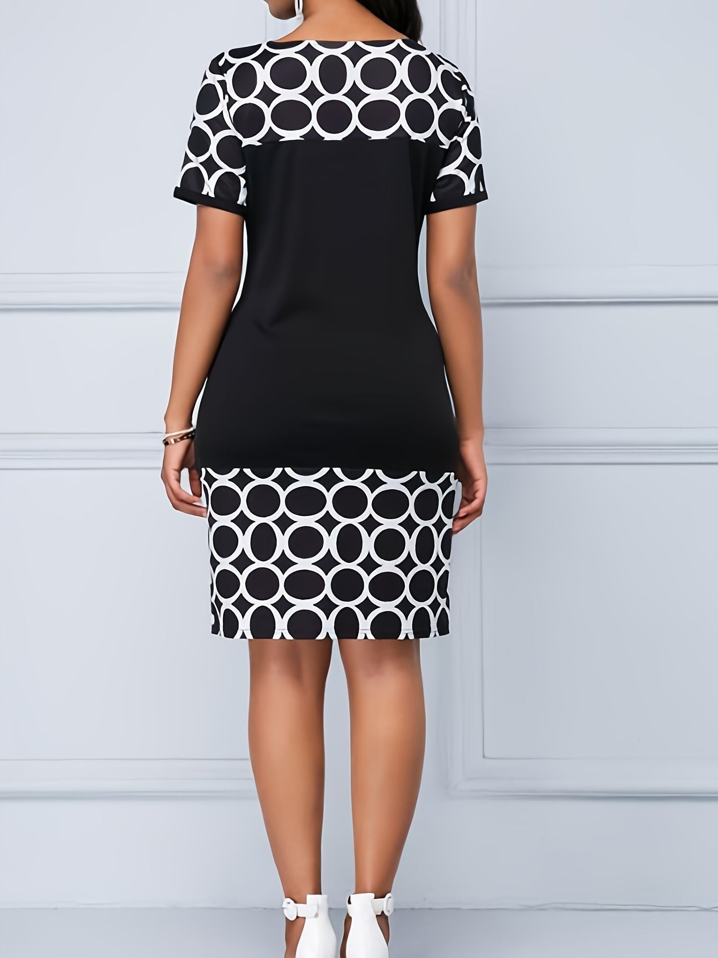 Printed Elegant Pencil Dress; Crew Neck Short Sleeve Casual Dress For Summer & Spring; Women's Clothing New Era Fashion LLc