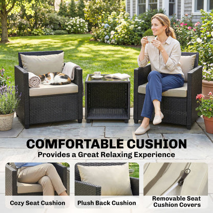 3 Piece Patio Bistro Set, Wicker Furniture Set with Thick Cushions, Glass Coffee Table and Chairs for Garden, Beige New Era Fashion LLc