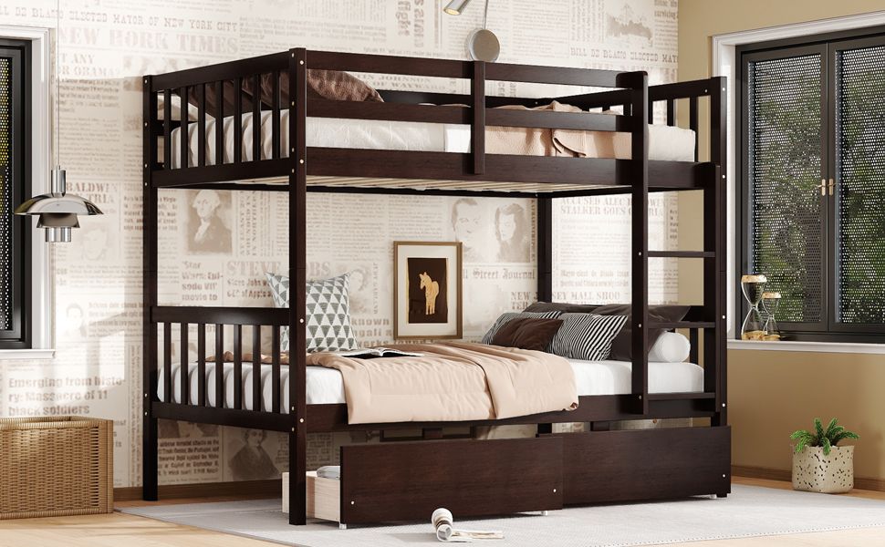 Twin Over Twin Rubber Wood Bunk Bed with 2 Drawers, Convertible into 2 Twin Beds, Twin Size Bunk Bed with Ladder and Safety Guardrails New Era Fashion LLc