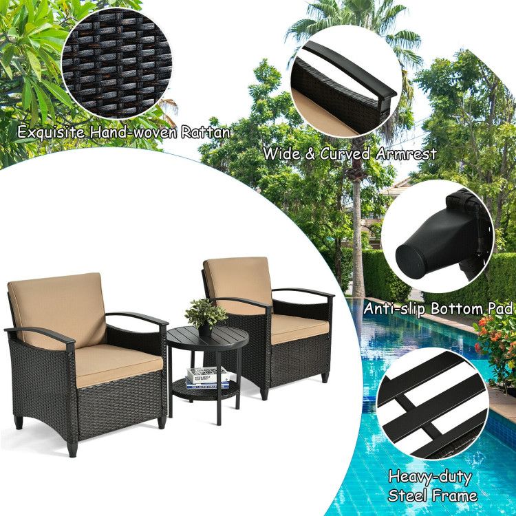 3 Pieces Patio Rattan Furniture Set Cushioned Sofa Storage Table with Shelf Garden New Era Fashion LLc