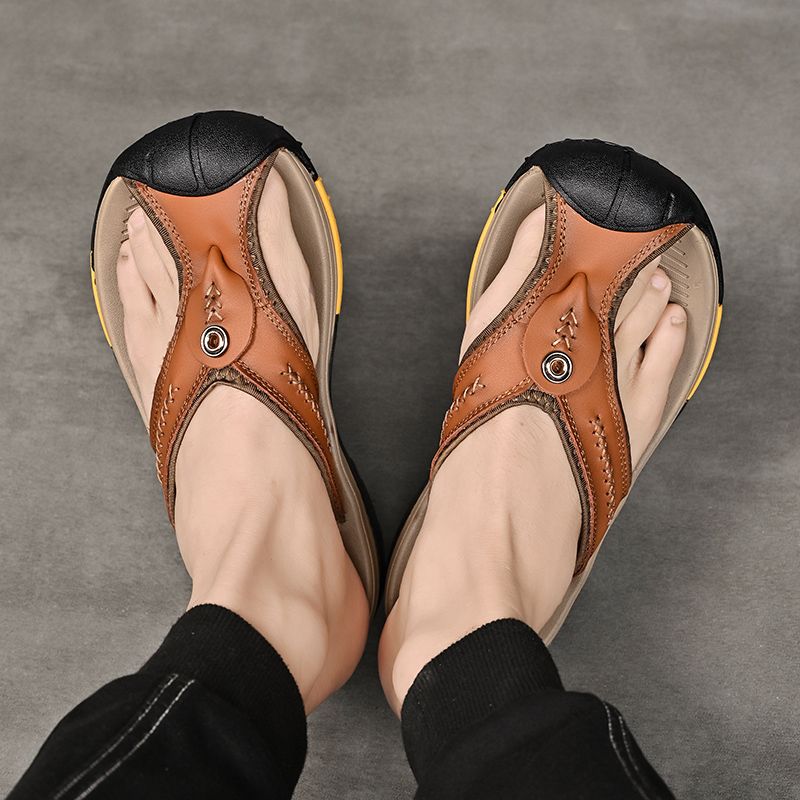 Summer men's new first layer cowhide flip-flops fashion all comfortable men's slippers beach shoes New Era Fashion LLc