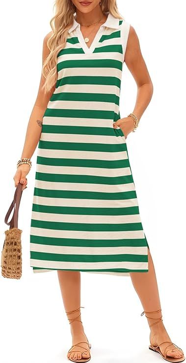Green Summer Dress for Women V Neck Sleeveless Midi Striped Sundress with Pockets Casual Beach Large New Era Fashion LLc