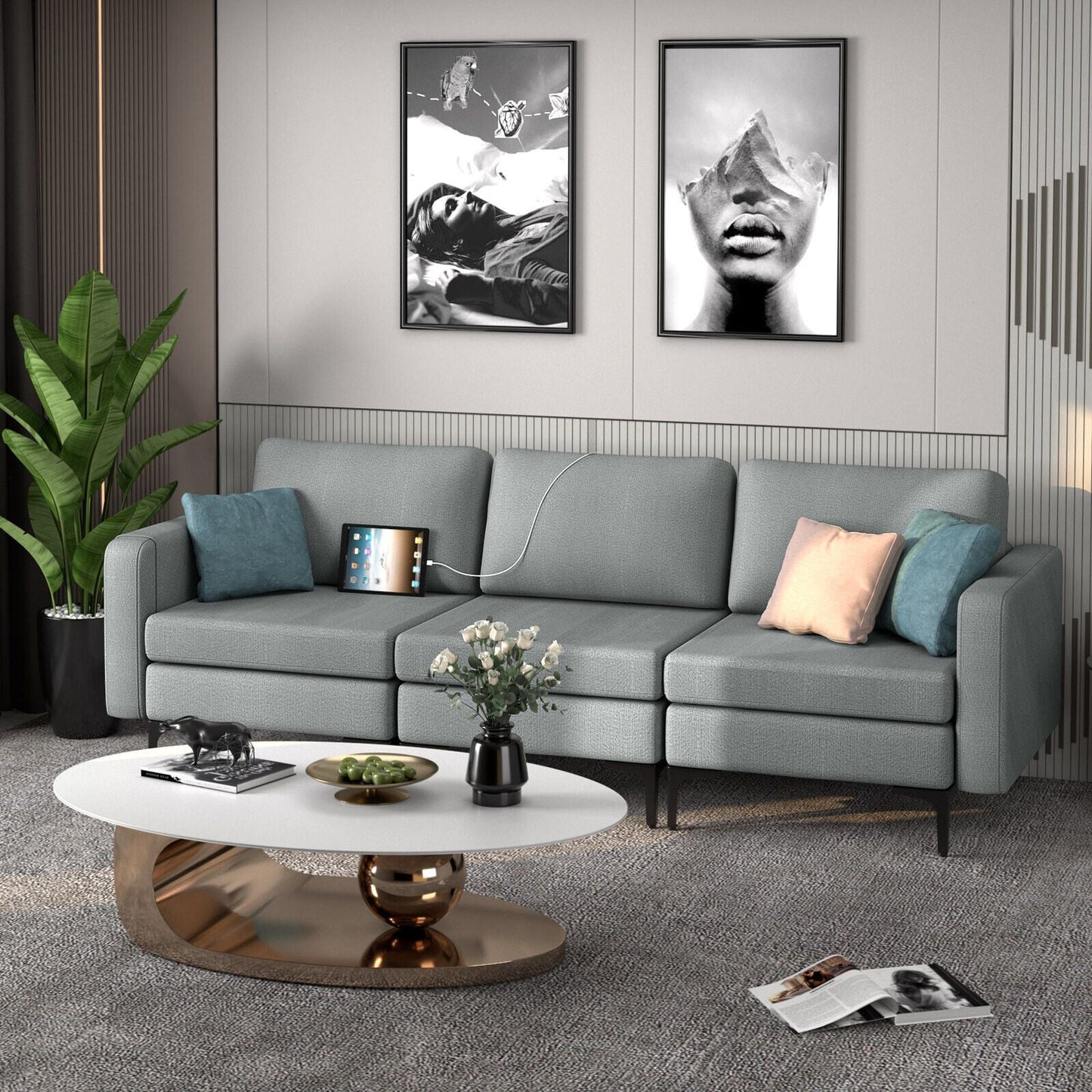Convertible Sofa Couch with Magazine Pockets 3-Seat with 2 USB Port New Era Fashion LLc