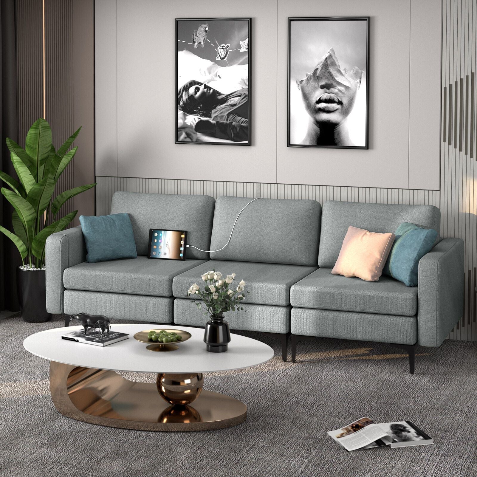 Convertible Sofa Couch with Magazine Pockets 3-Seat with 2 USB Port New Era Fashion LLc