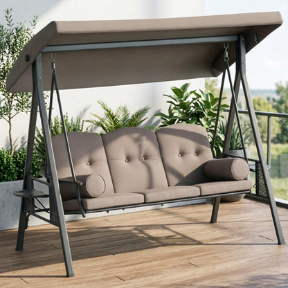 3-Seat Outdoor Patio Swing Chair Porch Glider with Adjustable Canopy Removable Cushion Pillows Side Trays for Garden Poolside Backyard Brown New Era Fashion LLc