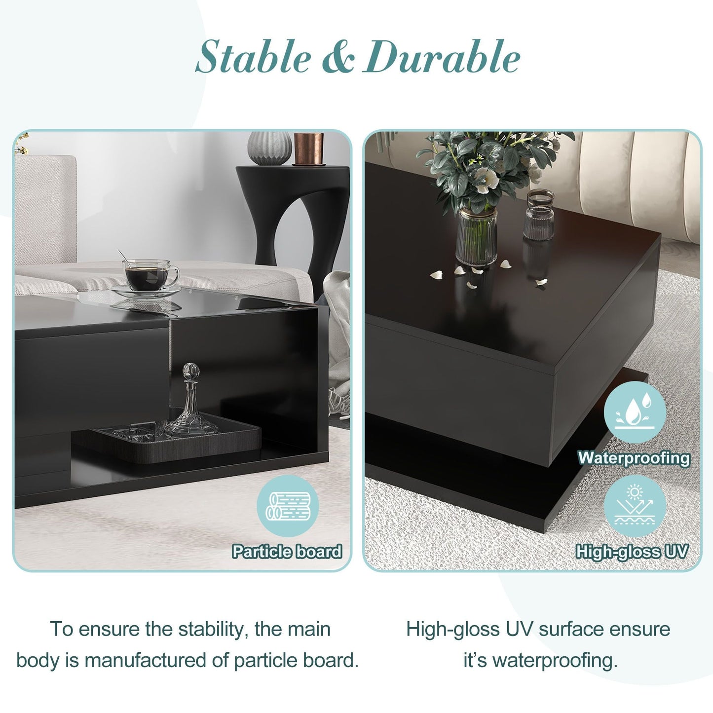 [VIDEO provided] ON-TREND Modern Coffee Table with Tempered Glass, Wooden Cocktail Table with High-gloss UV Surface, Modernist 2-Tier Rectangle Center Table for Living Room, Black New Era Fashion LLc