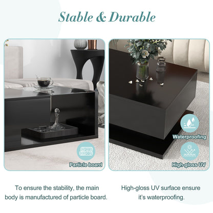 [VIDEO provided] ON-TREND Modern Coffee Table with Tempered Glass, Wooden Cocktail Table with High-gloss UV Surface, Modernist 2-Tier Rectangle Center Table for Living Room, Black New Era Fashion LLc