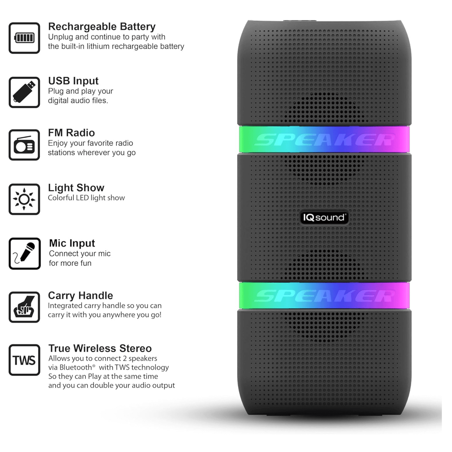IQ Sound 2 x 4-Inch Portable Bluetooth TWS LED Speaker New Era Fashion LLc