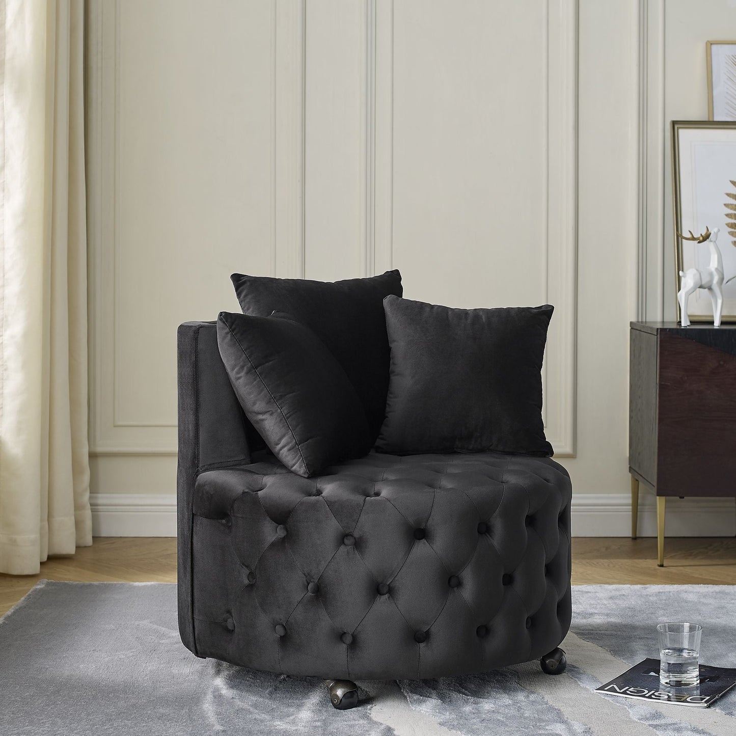 Velvet Upholstered Swivel Chair for Living Room, with Button Tufted Design and Movable Wheels, Including 3 Pillows New Era Fashion LLc