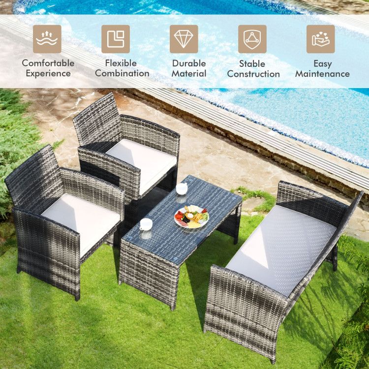 4 Pieces Patio Rattan Furniture Set with Glass Table and Loveseat New Era Fashion LLc
