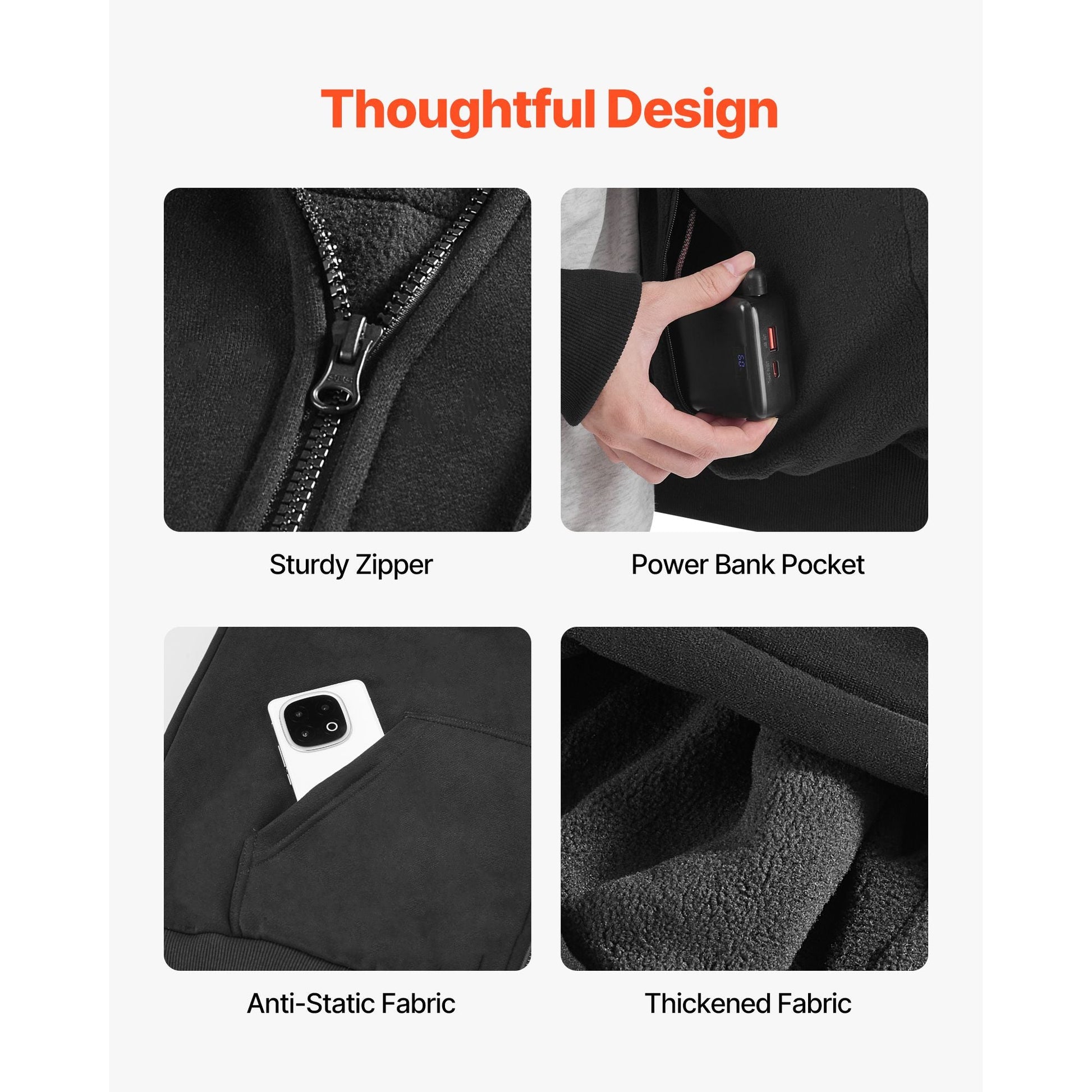 Heated Jacket Hoodie for Men Women, Heated Sweatshirt Unisex Full-Zip with 7.4V 16000mAh Power Bank Pack, 5 Heating Zones, 3 Temp Levels, 4-8H Warmth, for Winter Outdoor Camping, Black, XL Size New Era Fashion LLc