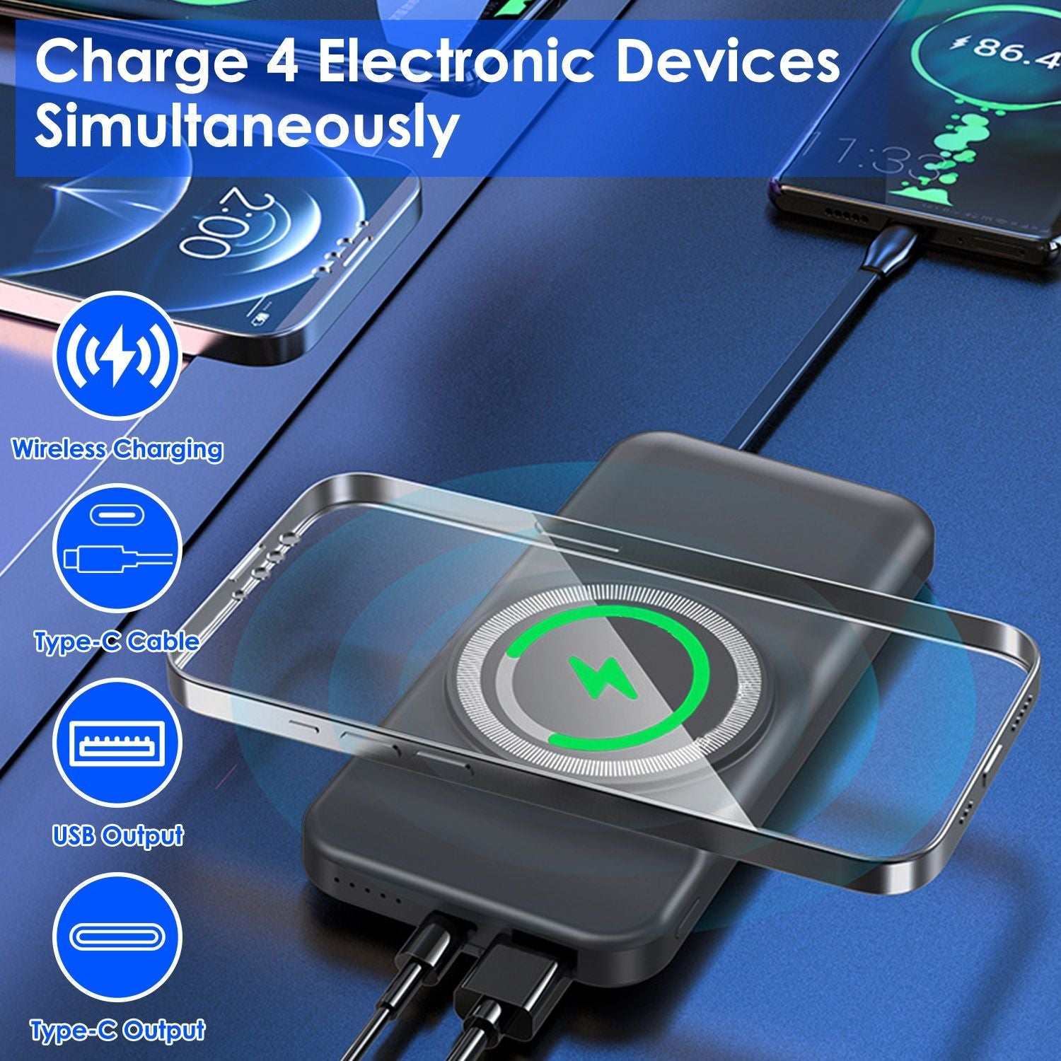 10000mAh 22.5W Magnetic Wireless Power Bank PD Fast Charging Portable Charger with Built-in Type-C Cables 15W Wireless Charging New Era Fashion LLc