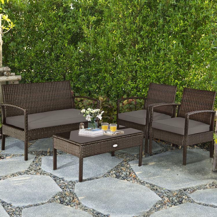 4 Pieces Patio Rattan Cushioned Furniture Set with Loveseat and Table Outdoor Conversation Sets New Era Fashion LLc