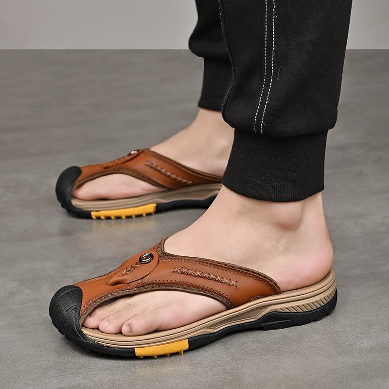 Summer men's new first layer cowhide flip-flops fashion all comfortable men's slippers beach shoes New Era Fashion LLc