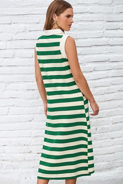 Green Summer Dress for Women V Neck Sleeveless Midi Striped Sundress with Pockets Casual Beach Large New Era Fashion LLc
