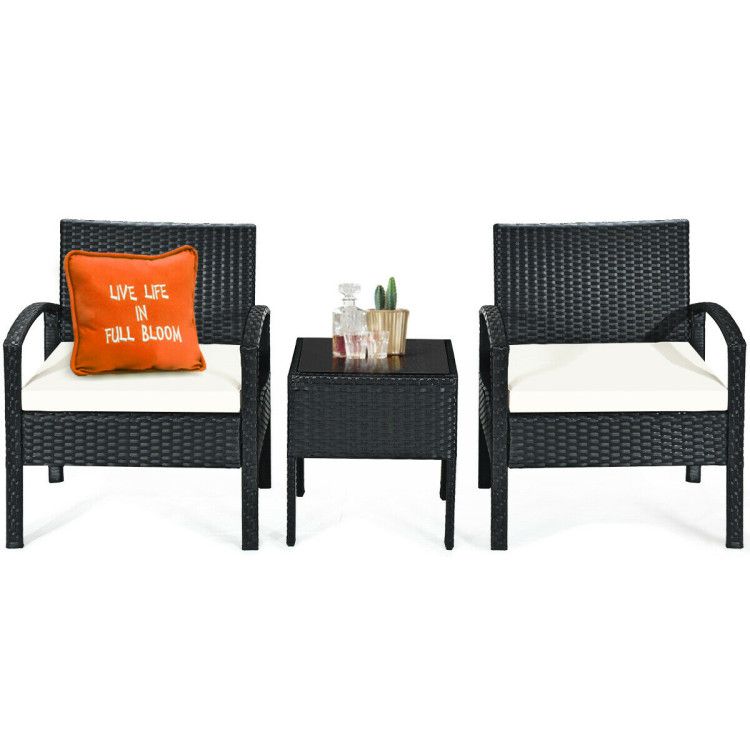 3 Pieces Outdoor Rattan Patio Conversation Set with Seat Cushions New Era Fashion LLc