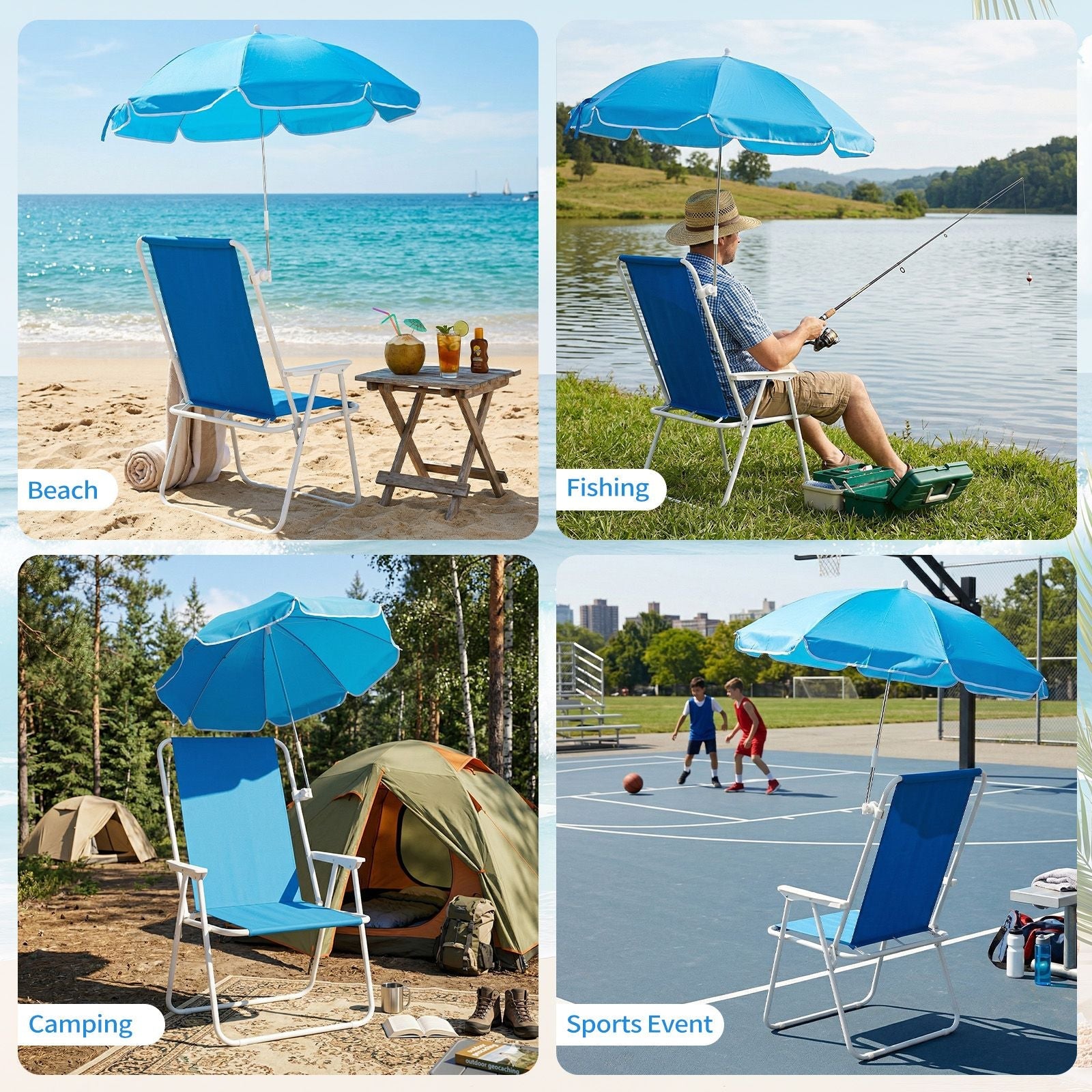1 Pack Heavy Duty Steel Beach Chair with Umbrella, XL Size 15" Seat Height Royal Blue, Oxford Cloth with Support Bar, Single Position Adjustable, 120kg Load New Era Fashion LLc