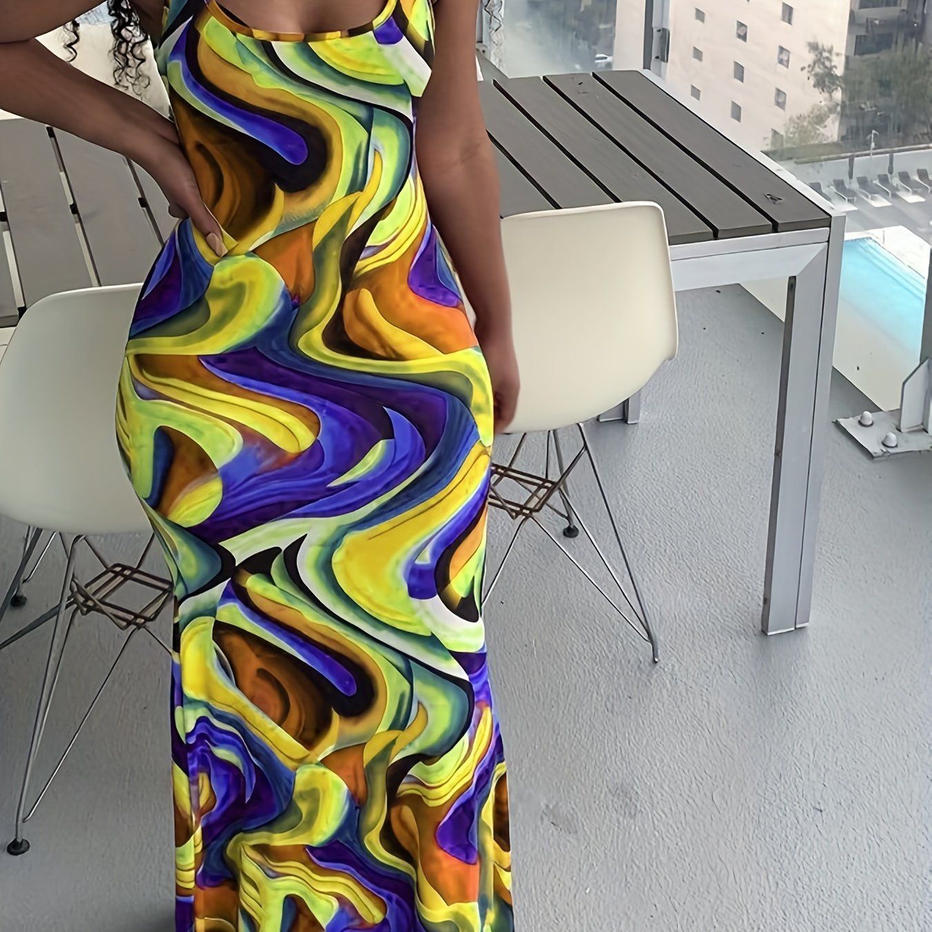 Abstract Ripple Print Dress, Sexy U Neck Sleeveless Bodycon Maxi Dress, Women's Clothing New Era Fashion LLc