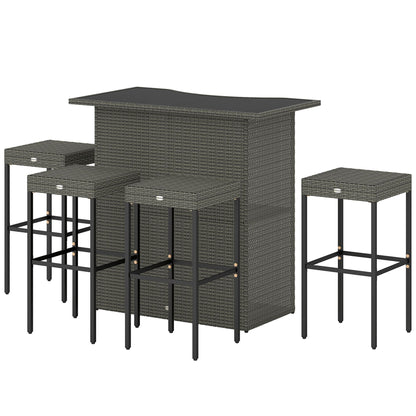 5 Piece Rattan Wicker Bar Set, High Top Outdoor Table and Chairs, Bar Height Patio Set, 2 Shelves & 4 Bar Stools, Gray New Era Fashion LLc