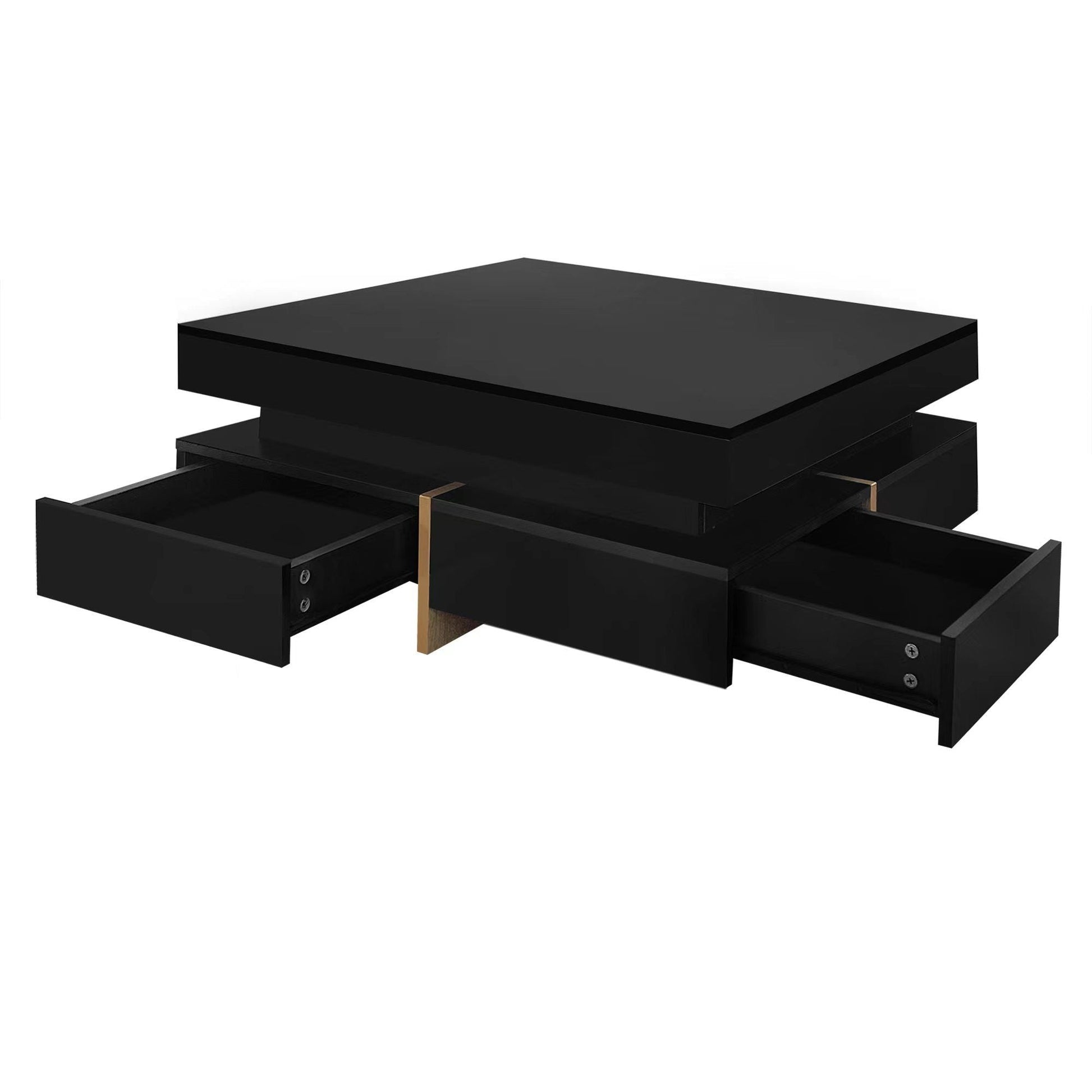Sleek Black High Gloss Modern Coffee Table with 4 Drawers for Organized Living Rooms, Square Design with Wood Grain Legs, Ideal Cocktail Table 31.5''x31.5'' New Era Fashion LLc