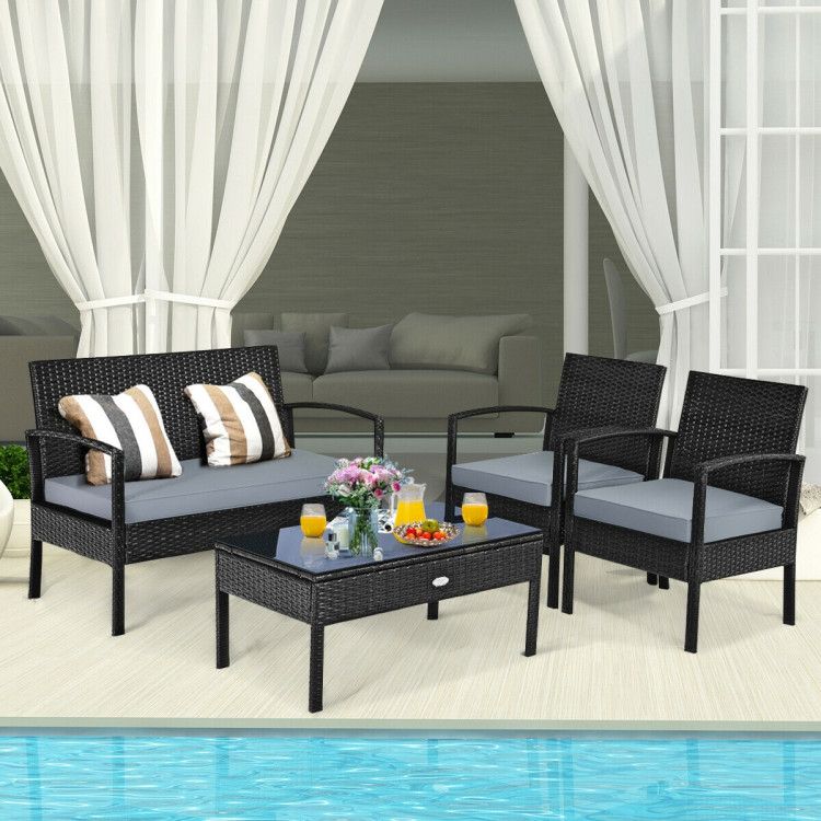 4 Pieces Patio Rattan Cushioned Furniture Set with Loveseat and Table Outdoor Conversation Sets New Era Fashion LLc
