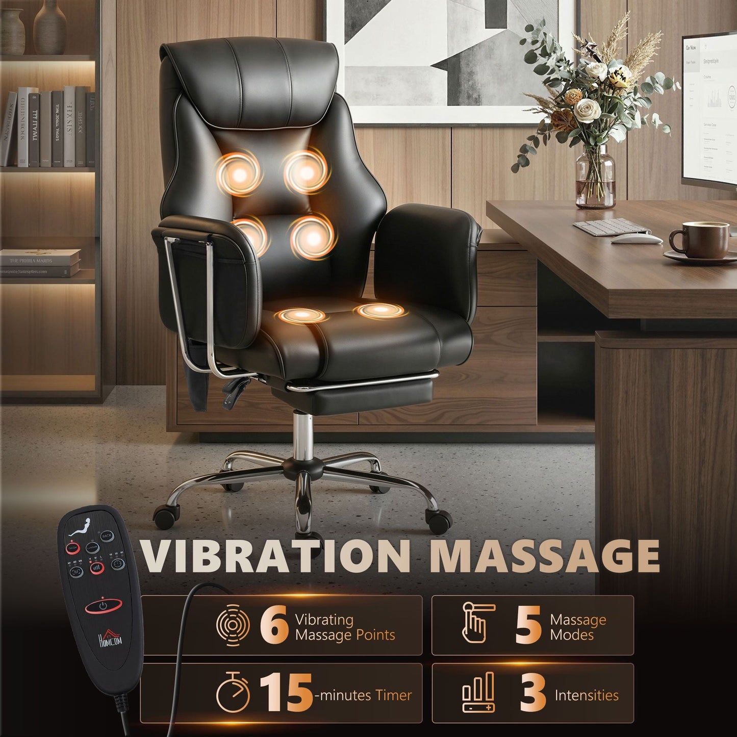 HOMCOM Massage Office Chair with 6 Points Vibration, Executive Desk Chair with High Back, PU Leather, Footrest, Black New Era Fashion LLc
