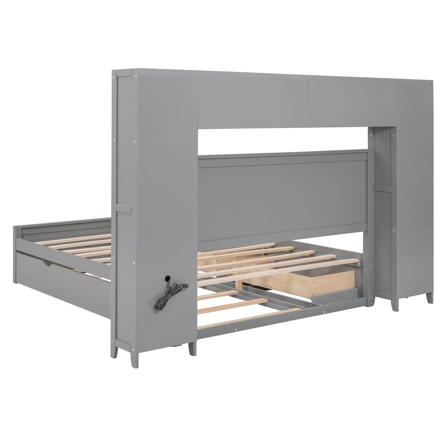 Queen Size Wooden Bed With All-in-One Cabinet, Shelf and Sockets,Twin XL Trundle, Gray New Era Fashion LLc