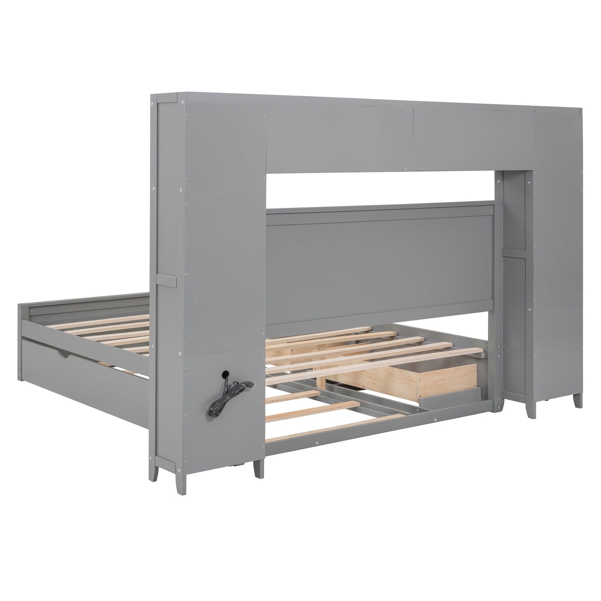 Queen Size Wooden Bed With All-in-One Cabinet, Shelf and Sockets,Twin XL Trundle, Gray New Era Fashion LLc