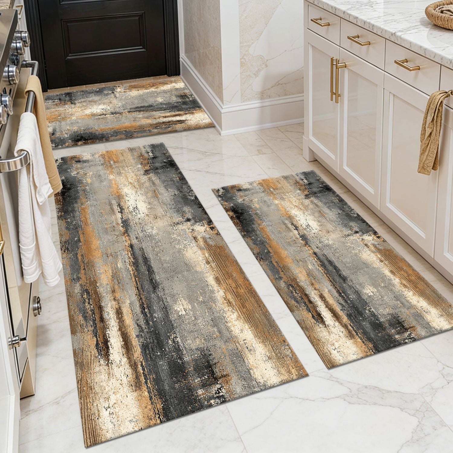 Three-piece kitchen rug set, non-slip and washable, abstract pattern kitchen hallway rug, soft and comfortable, suitable for sinks, floors, entrances, hallways and bathrooms. New Era Fashion LLc