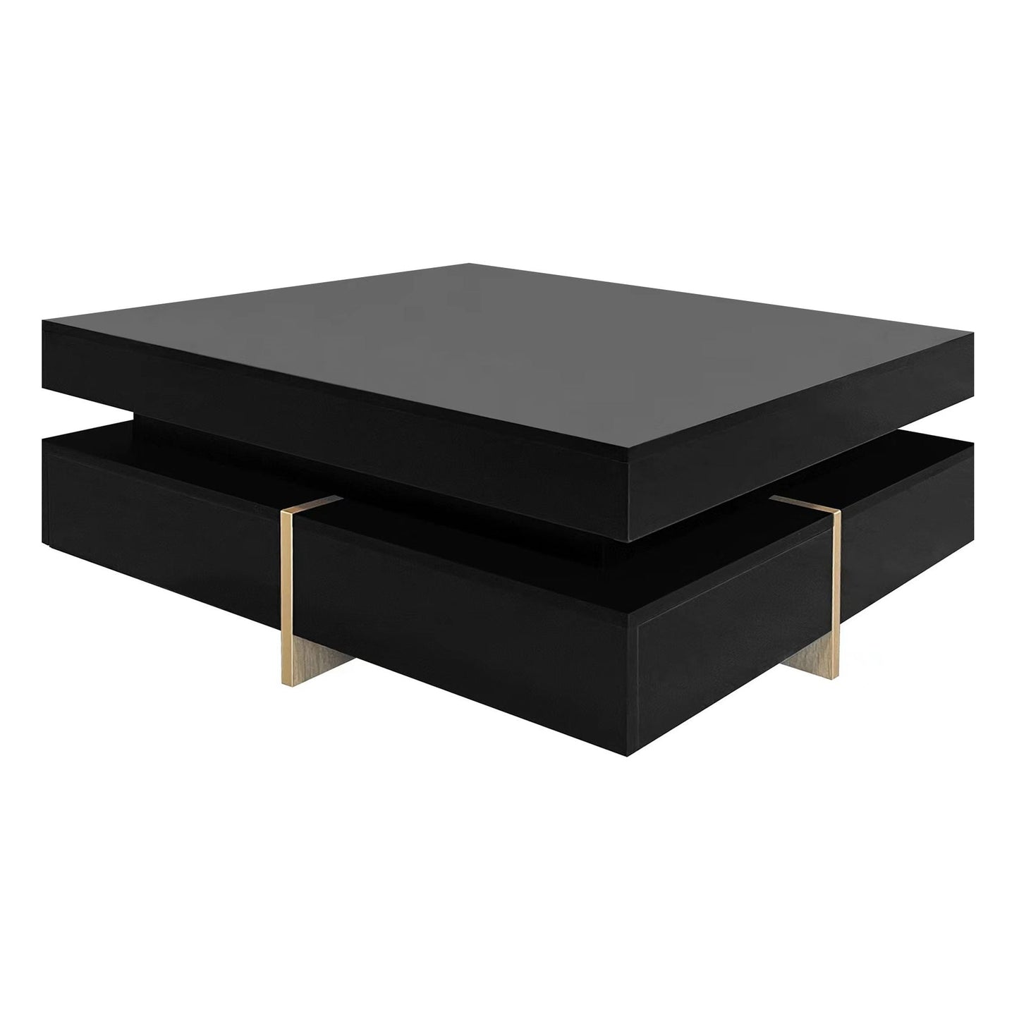 Sleek Black High Gloss Modern Coffee Table with 4 Drawers for Organized Living Rooms, Square Design with Wood Grain Legs, Ideal Cocktail Table 31.5''x31.5'' New Era Fashion LLc