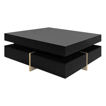 Sleek Black High Gloss Modern Coffee Table with 4 Drawers for Organized Living Rooms, Square Design with Wood Grain Legs, Ideal Cocktail Table 31.5''x31.5'' New Era Fashion LLc