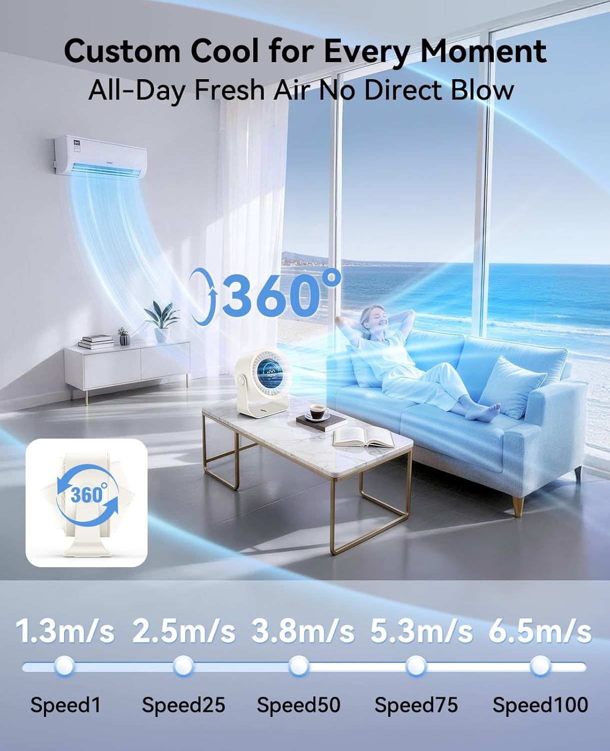 Rechargeable USB Desk Fan for Bedroom, 100 Speeds, 360° Rotation, Wall Mounted Design Small Portable Table Fan with LED Display, Quiet Personal Desktop Cooling Fans for Home Office New Era Fashion LLc