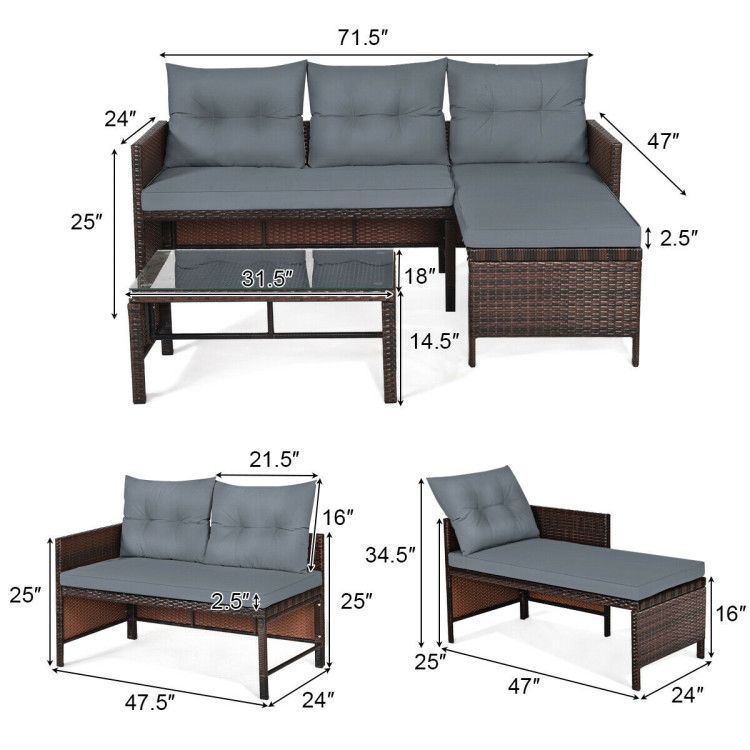 3 Pieces Outdoor Patio Corner Rattan Sofa Set New Era Fashion LLc