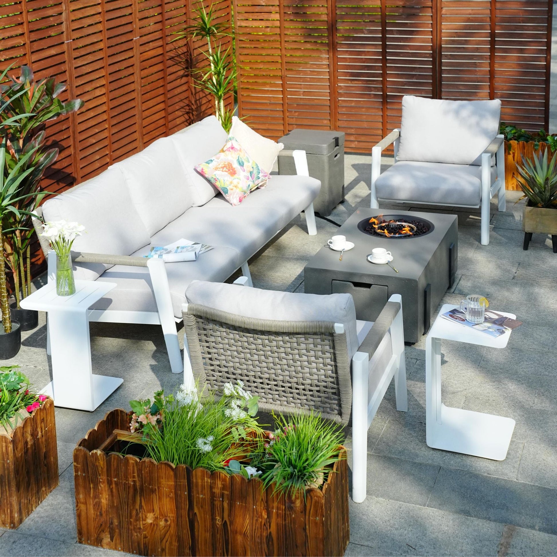 7-Piece Patio Aluminum Sofa Set with Rectangular Firepit Table & Side Table New Era Fashion LLc
