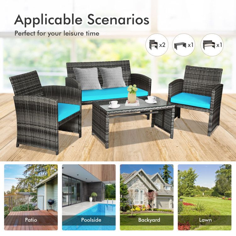4 Pieces Patio Rattan Furniture Set with Glass Table and Loveseat New Era Fashion LLc
