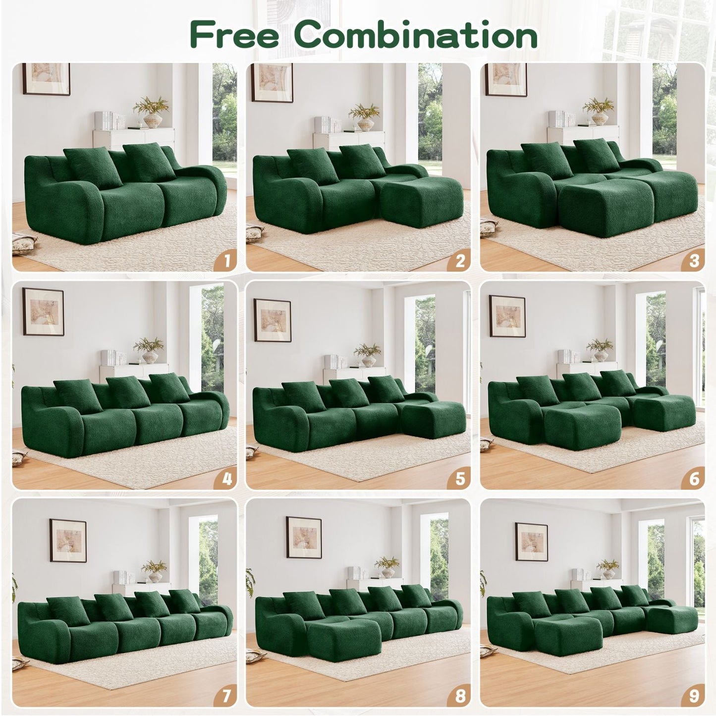 Soft Teddy Fabric Boneless Sofa,No Assembly Required Streamlined Design,Anti-Slip Design 32D High Density Sponge Fits Living Rooms Bedrooms,Green New Era Fashion LLc