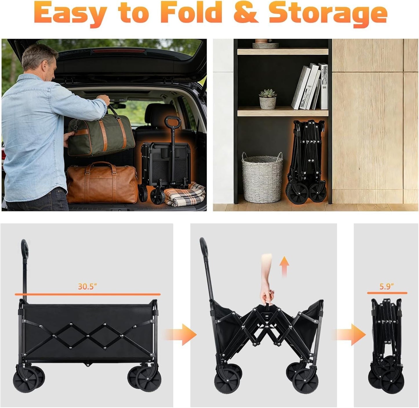 Collapsible Foldable Wagon Cart with Wheels - 220LBS Heavy Duty Folding Wagon Carts, Portable Lightweight Utility Wagon with All-Terrain Wheels & 2 Cup Holders, Grocery/Beach/Sports/Shopping/Black New Era Fashion LLc